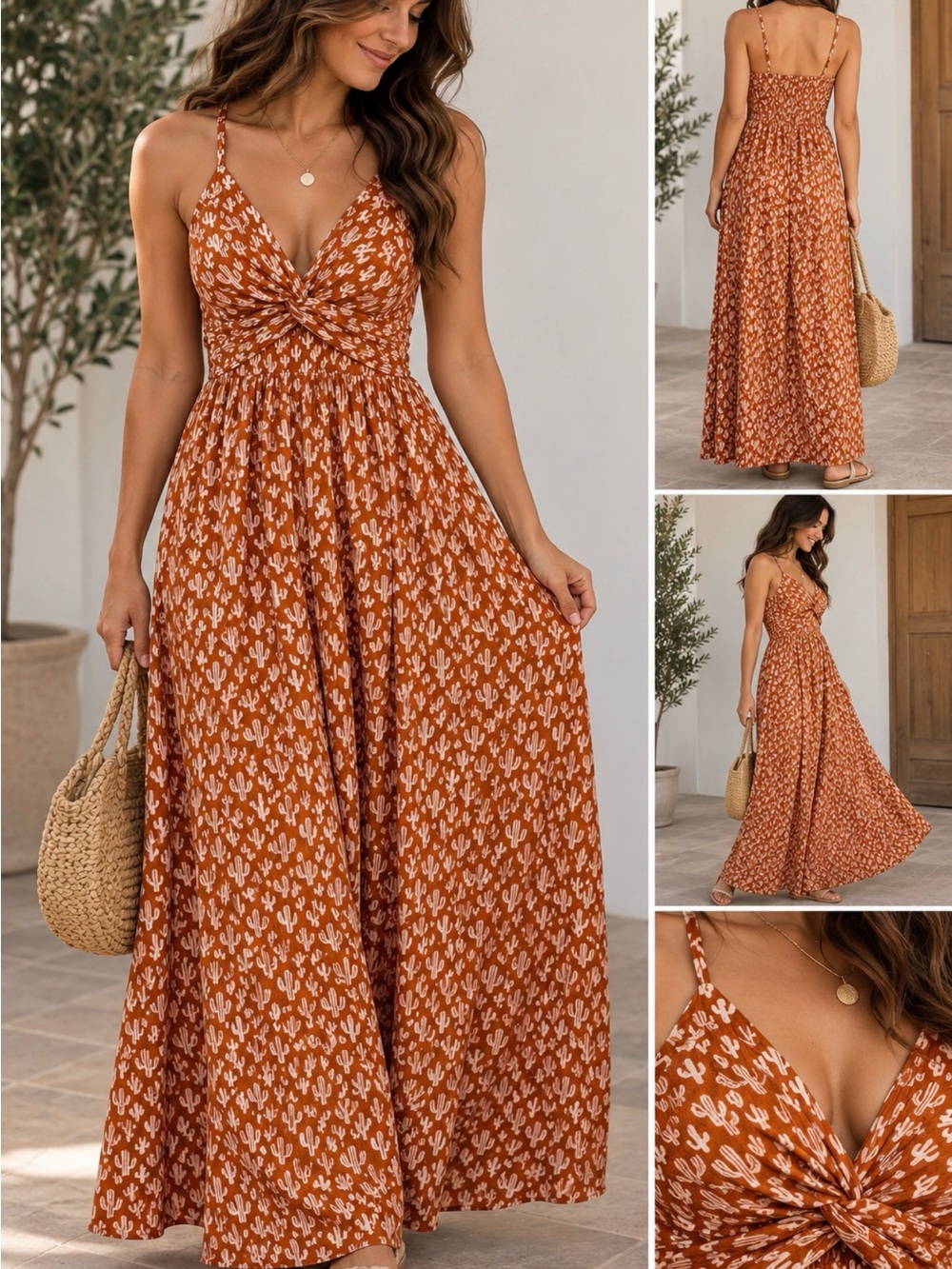 Angie Rust Orange Floral Twist-Front Maxi Dress